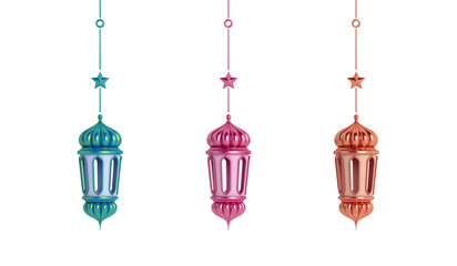 Collection of islamic lantern isolated on white background cartoon style, ramadan kareem, mawlid, iftar, isra  miraj, eid al fitr adha, muharram decoration, 3D rendering illustration.