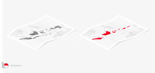 Set of two realistic map of Indonesia with shadow. The flag and map of Indonesia in isometric style.
