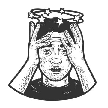 recommend clip art: hangover man sketch engraving vector illustration. T-shirt apparel print design. Scratch board imitation. Black and white hand drawn image.