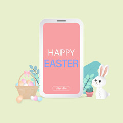 Happy easter on mobile phone with rabbit and easter egg