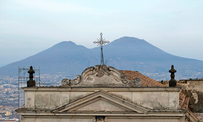 Mount Vesuvius towering over the city of Naples, Italy, seen from Castle Sant Elmo
