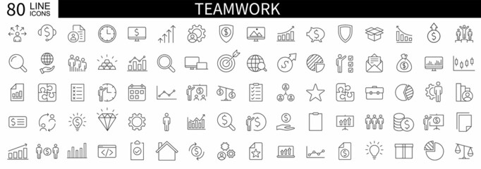 Fototapeta na wymiar Business teamwork. Set of 80 Teamwork web icons in line style. Team building, work group and human resources minimal thin line web icon set. Vector illustration