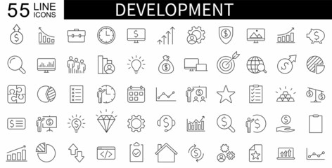 Fototapeta na wymiar Set of 55 development web icons in line style. Business people icons set. Marketing, analytics, e-commerce, digital, management, seo. Vector illustration.