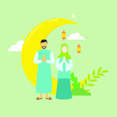 Flat illustration concept of Ramadan Kareem, suitable for background, card, wallpaper, banner, cover, business, poster, template, flyer. Cartoon Flat Vector Illustration.