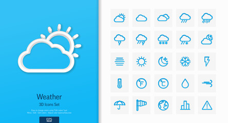 Vector 3d realistic style icons set. Illustration with weather and meteo outline symbols. Sun, cloud, rain, snow, moon, thermometer, humidity, umbrella flat line pictogram. Top view, shadow