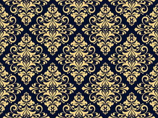 Wallpaper in the style of Baroque. Seamless vector background. Gold and dark blue floral ornament. Graphic pattern for fabric, wallpaper, packaging. Ornate Damask flower ornament