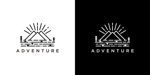 Monoline logo design template of mountain adventure. Premium Vector - obrazy, fototapety, plakaty