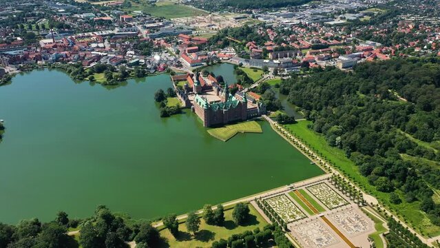 Scenic View Over Frederiksborg Castle And Surroundings In Hillerod, Denmark - aerial drone shot