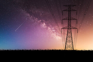 High voltage power transmission towers Have a complex steel structure In the evening. high-voltage...