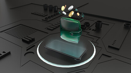 Smart phone showing e-wallet with crypto coins floating out on the motherboard. futuristic style Illustration.-3d rendering.