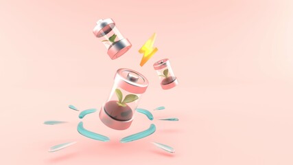 The internal battery has green energy, discharging electricity. floating on a pink background.soft pop Illustration style for Eco and sustainable design.-3d rendering.