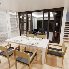 Home decor. Living room. Stylish interior 3D render. Modern apartment 3D illustration.