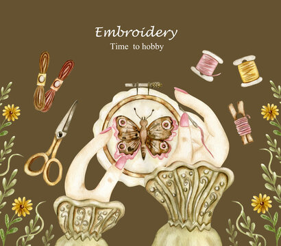 Elegant woman hands creates handmade embroidery.Needlework embroidery illustraions. Artisan tools and accessory, work and hobby.Watercolor poscard or logo design 