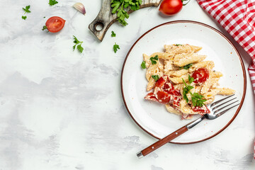 baked feta pasta with cherry tomatoes herbs and garlic, Trending Fetapasta. banner, menu recipe place for text, top view