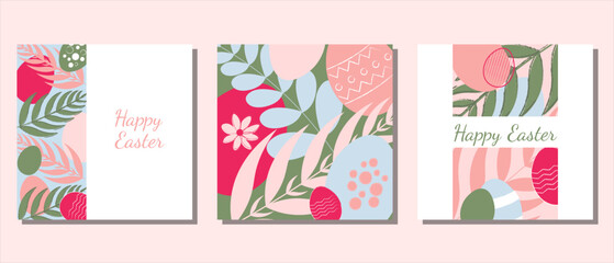 Fototapeta na wymiar Set of easter vector cards in pastel colors with flowers,eggs