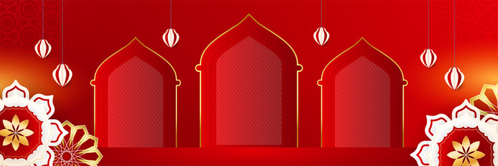 Stylish red golden mosque design islamic banner background