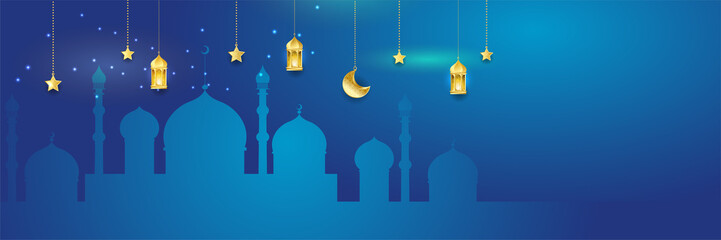 Stylish blue golden mosque design islamic banner background