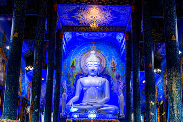 Wat Rong Suea Ten-Chiang Rai:24 September 2021,tmosphere inside the temple,there is an old white Buddha image,tourists from around the world always come to make merit,Rim Kok Subdistrict,Thailand
