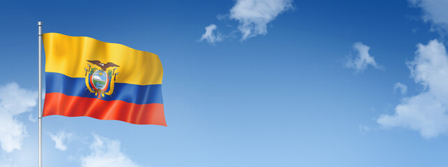 Ecuadorian flag isolated on a blue sky. Horizontal banner