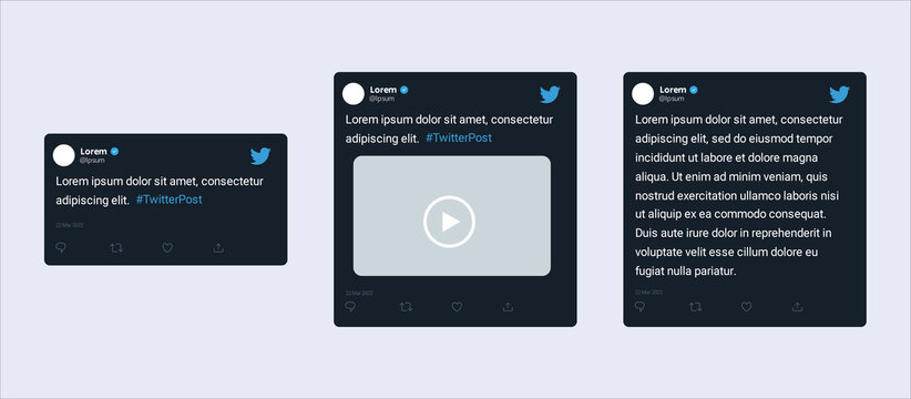 Realistic Twitter posts templates collection. Isolated twitter tweet on white background. Ediatble text, profil picture. UI dark mode elements, vector design illustration