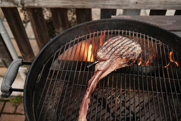 Schönes Stück Fleisch mit Knochen auf dem Grill mit Flamme. Barbecue 