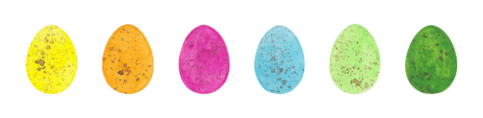 Set of watercolor multicolor spotted quail Easter eggs. Hand painted illustration of spring clipart isolated on white. Artistic hand drawn holiday design elements for happy Easter cards decoration