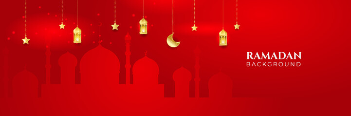 Stylish red golden mosque design islamic banner background