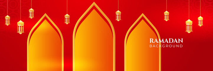Stylish red golden mosque design islamic banner background