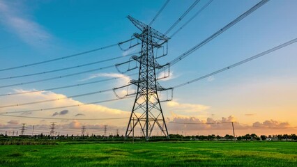High voltage electric towers at sunset. Transmission power line. Electricity pylons and sky clouds background.