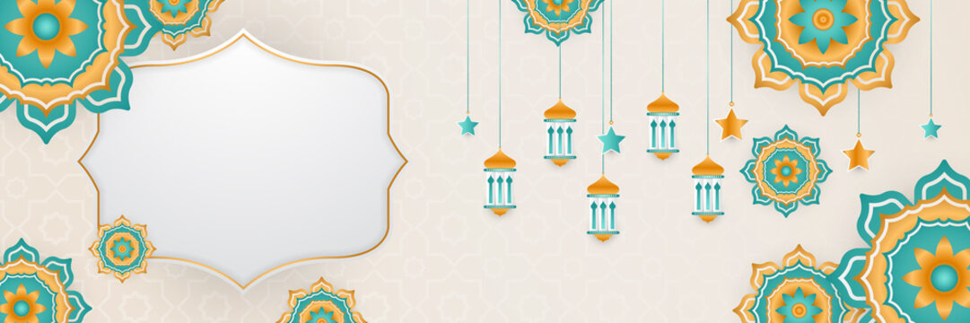 Stylish colorful golden mosque design islamic banner background