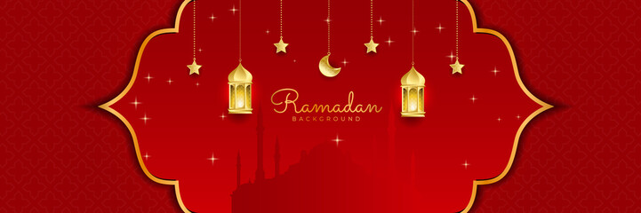 Stylish red golden mosque design islamic banner background