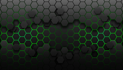 Hexagonal dark grey grid with green light. Copy space, add text or logo. Modern ,futuristic, cyber background illustration