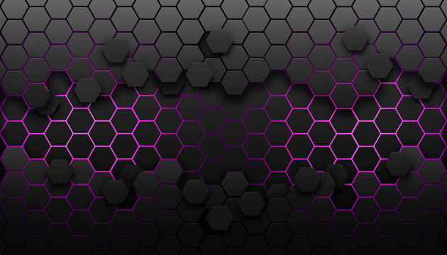 Hexagonal dark grey grid with purple light. Copy space, add text or logo. Modern ,futuristic, cyber background illustration