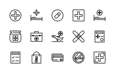 Simple set of medical related vector linear icons. Contains icons such as: pills, first aid kit, medical sign, questionnaire and more. Editable stroke. 48x48 pixels is perfect.