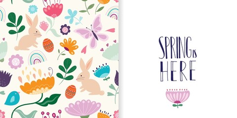 Springtime set with floral seamless pattern, wallpaper, background and greeting card with seasonal design