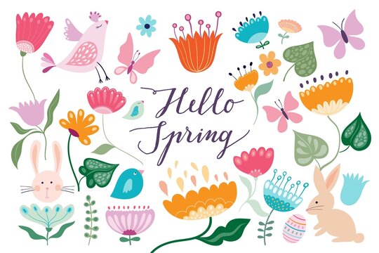 Hello Spring banner, poster, background with seasonal design, floral elements, flowers, butterflies, rabbits and birds, decorative doodle style