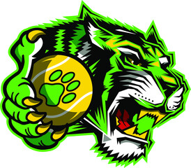 stylized tiger mascot holding tennis ball for school, college or league