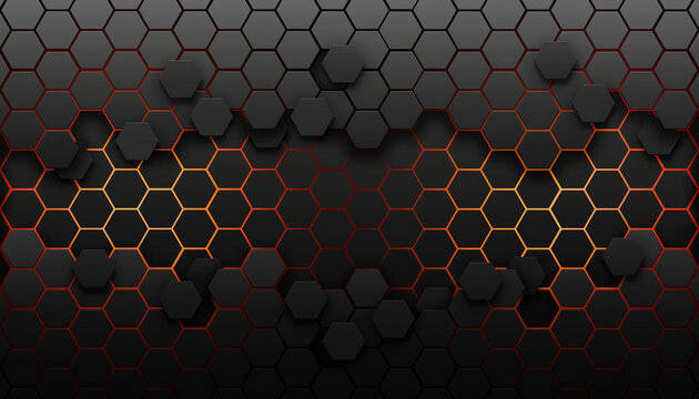 Hexagonal dark grey grid with orange light. Copy space, add text or logo. Modern ,futuristic, cyber background illustration