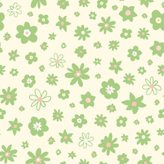 Ditsy daisy seamless repeat pattern. Random placed, vector flowers all over print.