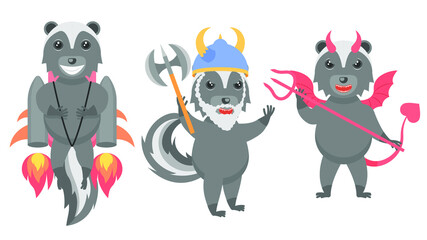 Set Abstract Collection Flat Cartoon Different Animal Skunk Flies On A Jetpack, Viking With Ax And Helmet, Devil With Horns And Trident Vector Design Style Elements Fauna Wildlife