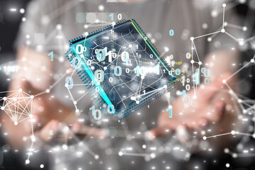 abstract lines with dots over dark background.