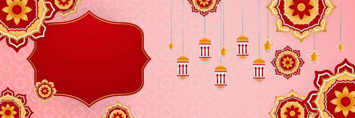 Stylish red golden mosque design islamic banner background