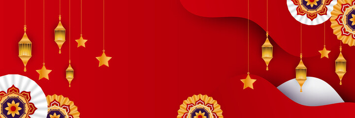 Stylish red golden mosque design islamic banner background