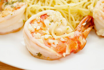 Close Up of Jumbo Tiger Shrimp Scampi & Pasta	