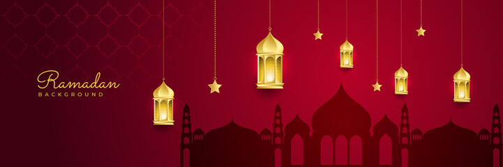 Stylish red golden mosque design islamic banner background