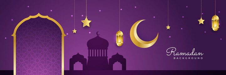 Stylish purple golden mosque design islamic banner background