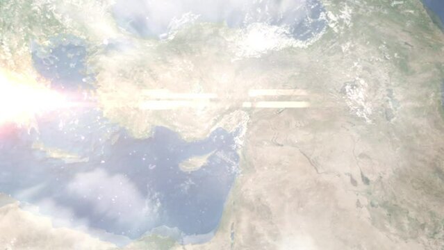 Earth zoom in from outer space to city. Zooming on Tarsus, Mersin, Turkey. The animation continues by zoom out through clouds and atmosphere into space. Images from NASA