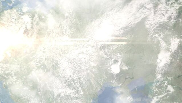 Earth zoom in from outer space to city. Zooming on Zhitomir, Ukraine. The animation continues by zoom out through clouds and atmosphere into space. Images from NASA
