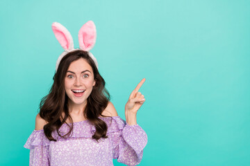 Portrait of attractive girly trendy cheerful girl wearing ears showing new copy space ad isolated...