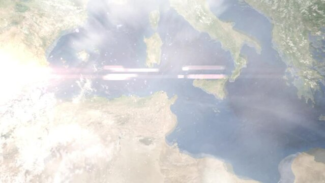 Earth zoom in from outer space to city. Zooming on Bizerte, Tunisia. The animation continues by zoom out through clouds and atmosphere into space. Images from NASA